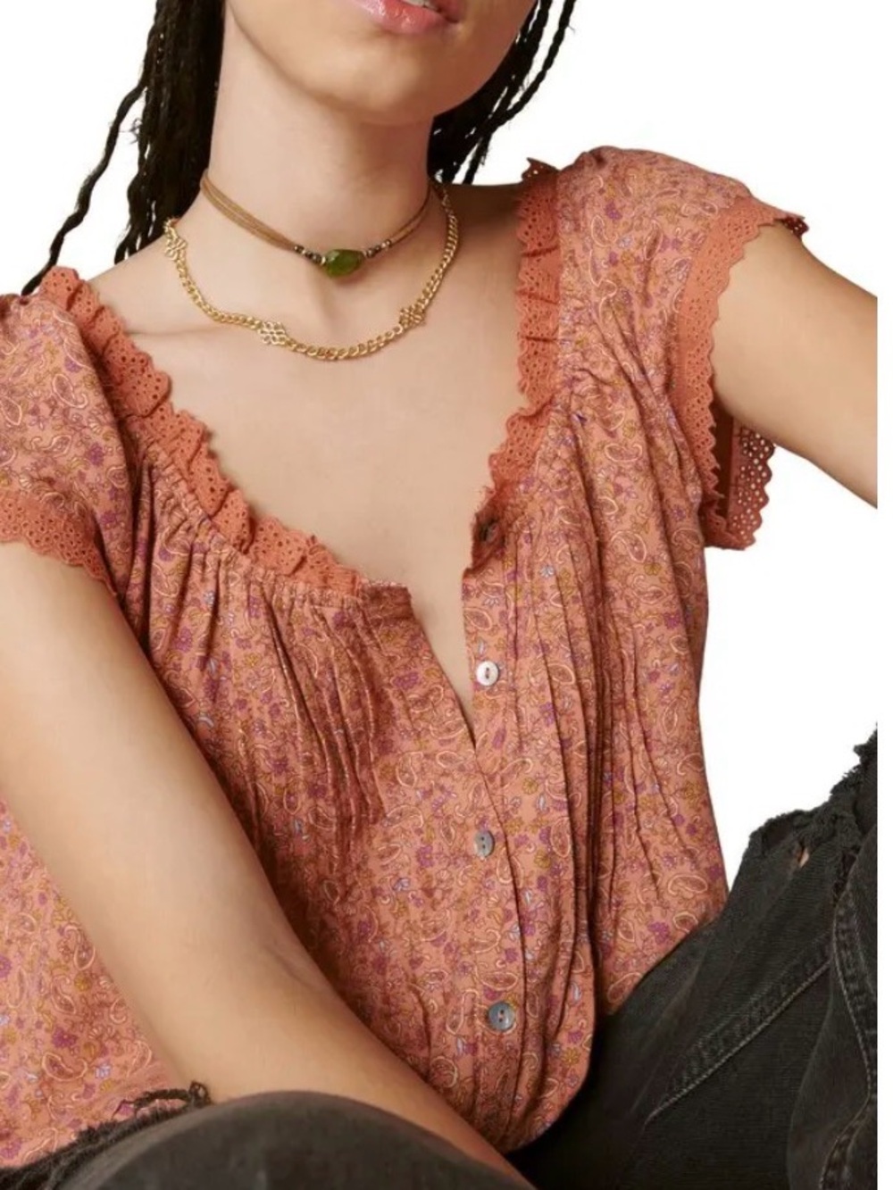 Lucky Brand Rust Paisley Button-Front Cap Sleeve Blouse with Lace Trim